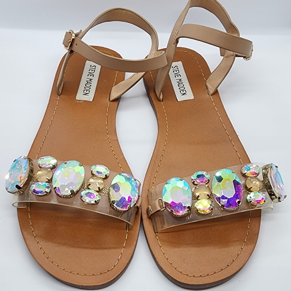 Steve Madden Layla Rhinestone Nude Flat Sandal women size 9